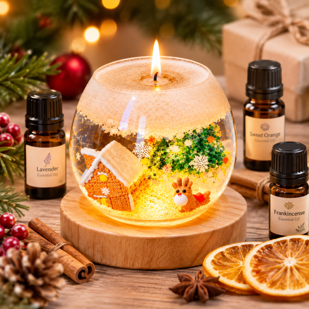 Christmas snow globe candle surrounded by essential oils and festive botanicals